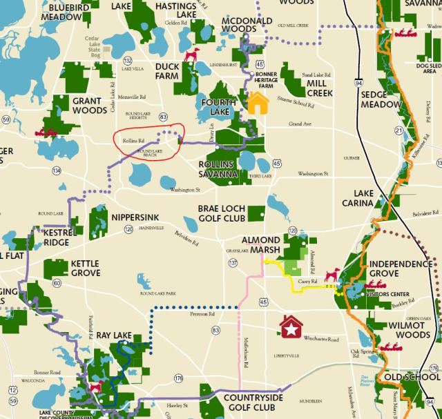 Millenium Trail Lake County Forest Preserve District's (LCFPD) Trail Map, showing Millenium Trail in purple (Solid=current, dotted=planned)