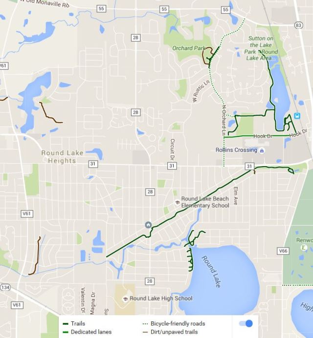 Solid green indicates established and marked bicycle paths/trails.